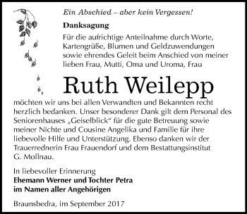 Traueranzeige von Ruth Weilepp von Mitteldeutsche Zeitung Merseburg/Querfurt