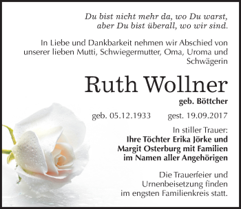 Traueranzeige von Ruth Wollner von Mitteldeutsche Zeitung Mansfelder Land