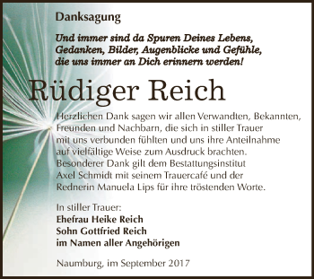 Traueranzeige von Rüdiger Reich von WVG - Wochenspiegel NMB / WSF / ZTZ