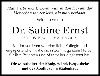 Traueranzeige von Sabine Ernst von Mitteldeutsche Zeitung Merseburg/Querfurt