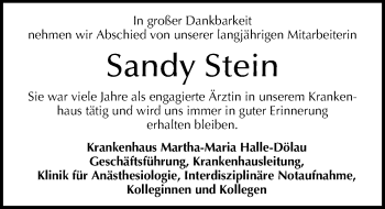 Traueranzeige von Sandy Stein von Mitteldeutsche Zeitung