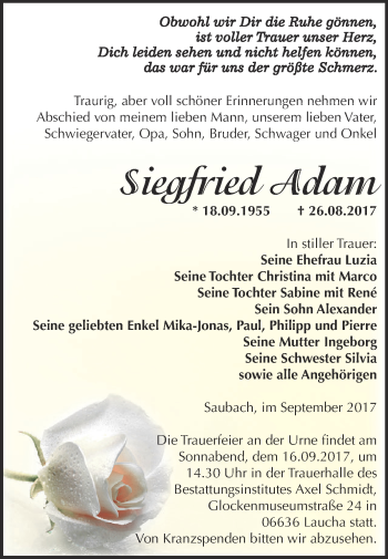 Traueranzeige von Siegfried Adam von WVG - Wochenspiegel NMB / WSF / ZTZ