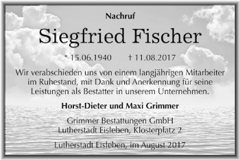 Traueranzeige von Siegfried Fischer von Wochenspiegel Mansfelder Land
