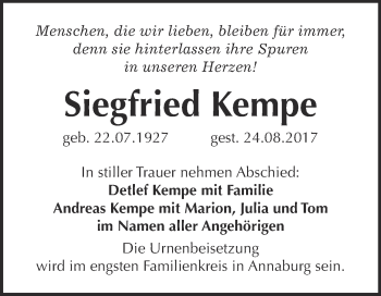 Traueranzeige von Siegfried Kempe von WVG - Wochenspiegel Wittenberg
