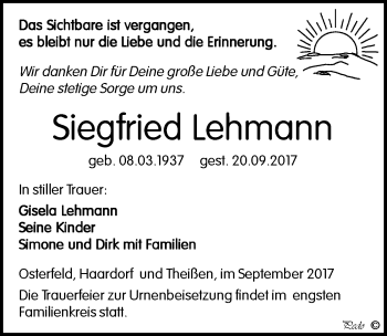 Traueranzeige von Siegfried Lehmann von Mitteldeutsche Zeitung Zeitz