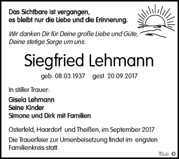 Traueranzeige von Siegfried Lehmann von Super Sonntag Zeitz