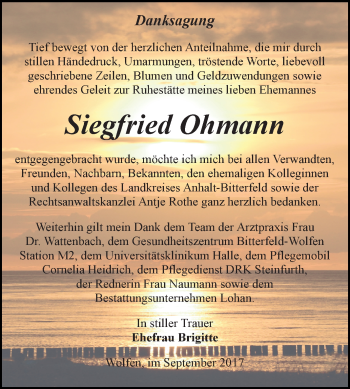 Traueranzeige von Siegfried Ohmann von WVG - Wochenspiegel Bitterfeld