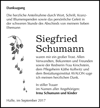Traueranzeige von Siegfried Schumann von Mitteldeutsche Zeitung Halle/Saalkreis