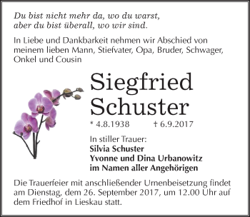Traueranzeige von Siegfried Schuster von Mitteldeutsche Zeitung Halle/Saalkreis