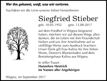 Traueranzeige von Siegfried Stieber von Mitteldeutsche Zeitung Mansfelder Land