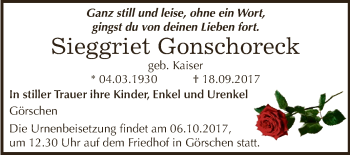 Traueranzeige von Sieggriet Gonschoreck von WVG - Wochenspiegel NMB / WSF / ZTZ