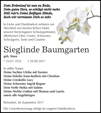 Traueranzeige von Sieglinde Baumgarten von WVG - Wochenspiegel Dessau / Köthen