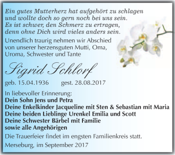 Traueranzeige von Sigrid Schlorf von Super Sonntag Merseburg