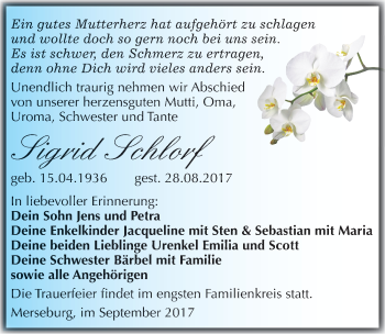 Traueranzeige von Sigrid Schlorf von Mitteldeutsche Zeitung Merseburg/Querfurt