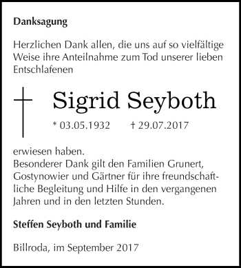 Traueranzeige von Sigrid Seyboth von WVG - Wochenspiegel NMB / WSF / ZTZ