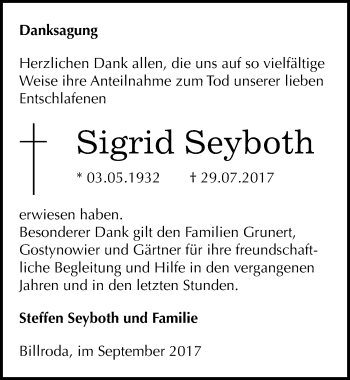 Traueranzeige von Sigrid Seyboth von Mitteldeutsche Zeitung Weißenfels