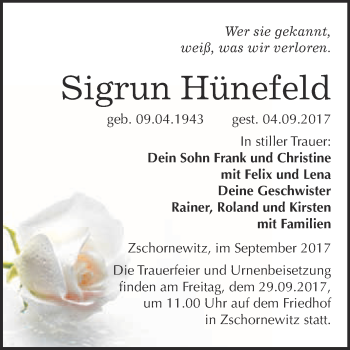 Traueranzeige von Sigrun Hünefeld von WVG - Wochenspiegel Wittenberg