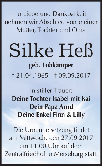 Traueranzeige von Silke Heß von WVG - Wochenspiegel Merseburg