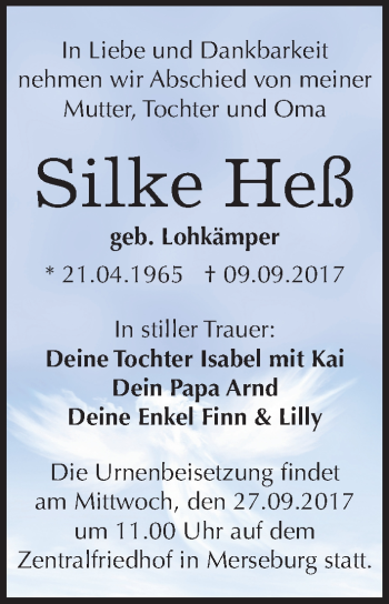 Traueranzeige von Silke Heß von Mitteldeutsche Zeitung Merseburg/Querfurt
