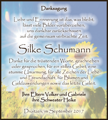 Traueranzeige von Silke Schumann von WVG - Wochenspiegel NMB / WSF / ZTZ