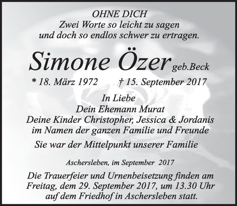  Traueranzeige für Simone Özer vom 23.09.2017 aus Mitteldeutsche Zeitung Aschersleben
