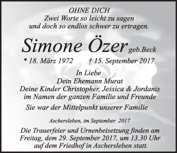 Traueranzeige von Simone Özer von Mitteldeutsche Zeitung Aschersleben