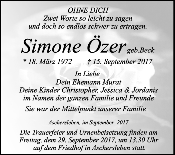 Traueranzeige von Simone Özer von WVG - Wochenspiegel Quedlinburg