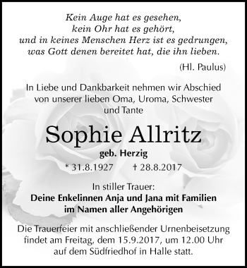 Traueranzeige von Sophie Allritz von Mitteldeutsche Zeitung Halle/Saalkreis