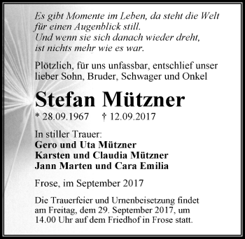 Traueranzeige von Stefan Mützner von Mitteldeutsche Zeitung Aschersleben