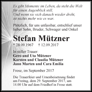 Traueranzeige von Stefan Mützner von Super Sonntag Aschersleben