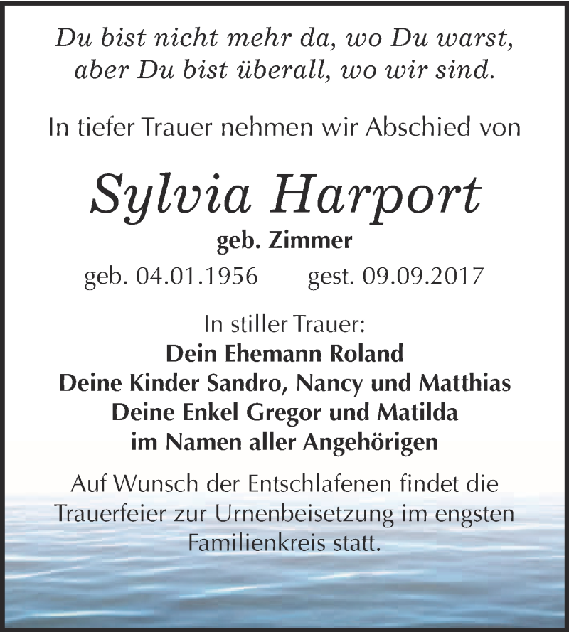  Traueranzeige für Sylvia Harport vom 16.09.2017 aus WVG - Wochenspiegel Merseburg