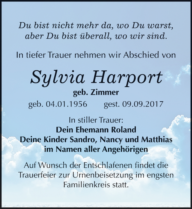  Traueranzeige für Sylvia Harport vom 15.09.2017 aus Mitteldeutsche Zeitung Merseburg/Querfurt