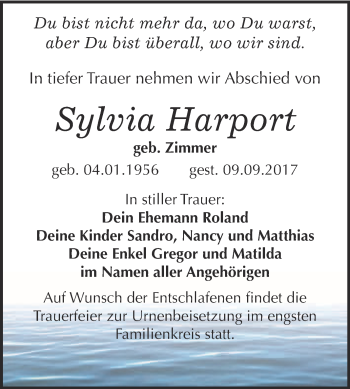 Traueranzeige von Sylvia Harport von WVG - Wochenspiegel Merseburg