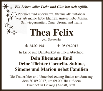Traueranzeige von Thea Felix von WVG - Wochenspiegel Dessau / Köthen