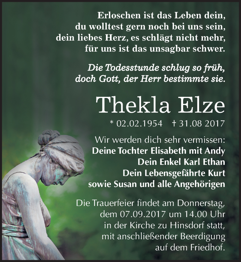  Traueranzeige für Thekla Elze vom 02.09.2017 aus Mitteldeutsche Zeitung Köthen