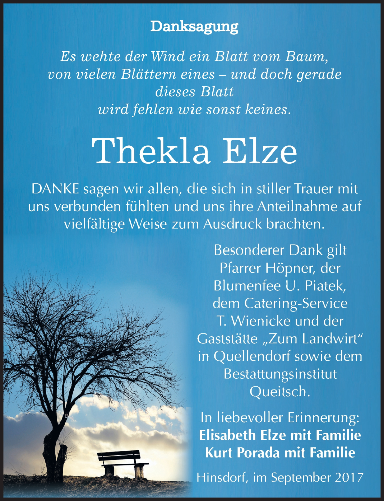  Traueranzeige für Thekla Elze vom 16.09.2017 aus Mitteldeutsche Zeitung Bitterfeld