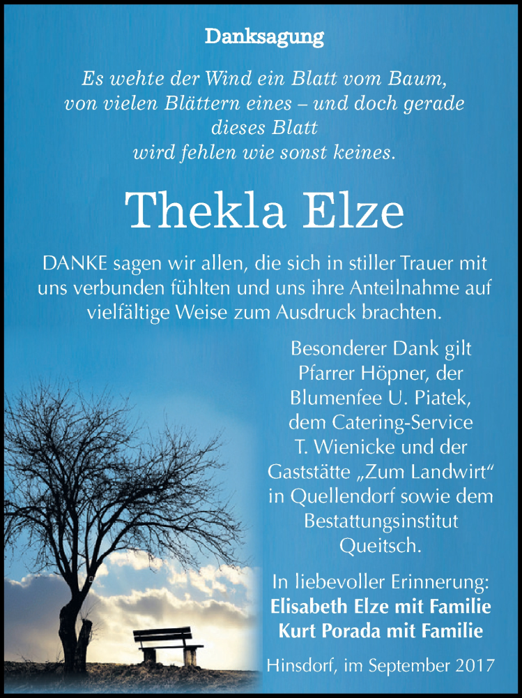  Traueranzeige für Thekla Elze vom 16.09.2017 aus WVG - Wochenspiegel Dessau / Köthen