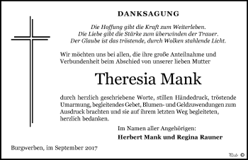 Traueranzeige von Theresia Mank von Mitteldeutsche Zeitung Weißenfels