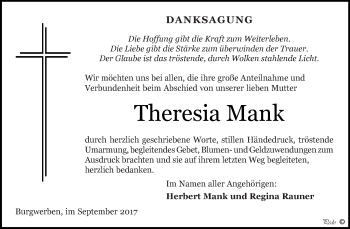 Traueranzeige von Theresia Mank von WVG - Wochenspiegel NMB / WSF / ZTZ