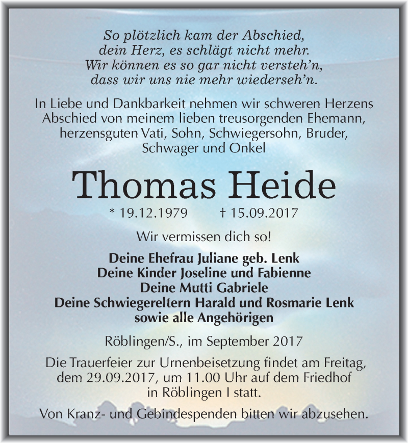  Traueranzeige für Thomas Heide vom 23.09.2017 aus Mitteldeutsche Zeitung Mansfelder Land