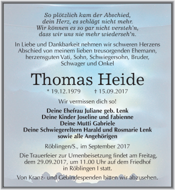 Traueranzeige von Thomas Heide von Mitteldeutsche Zeitung Mansfelder Land