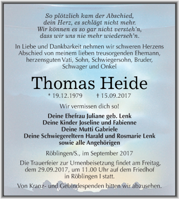 Traueranzeige von Thomas Heide von Super Sonntag SGH Mansf. Land