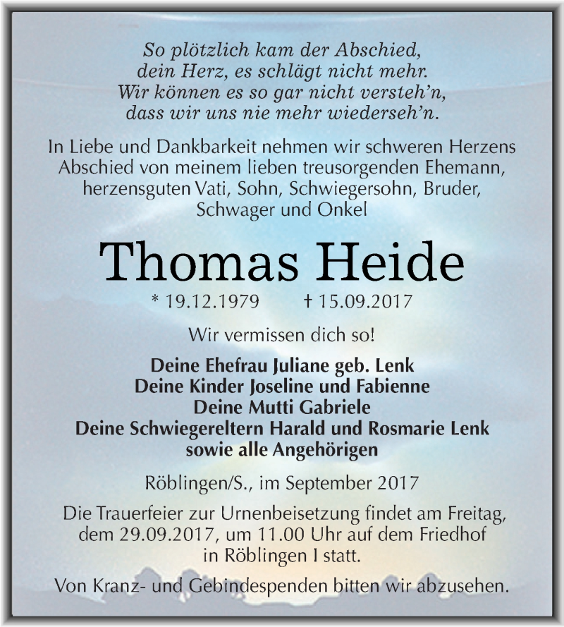  Traueranzeige für Thomas Heide vom 23.09.2017 aus Super Sonntag SGH Mansf. Land