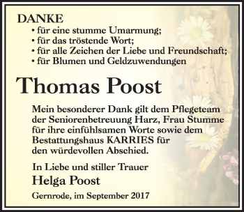 Traueranzeige von Thomas Poost von Mitteldeutsche Zeitung Quedlinburg