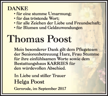Traueranzeige von Thomas Poost von WVG - Wochenspiegel Quedlinburg