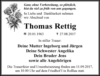 Traueranzeige von Thomas Rettig von Mitteldeutsche Zeitung Dessau-Roßlau