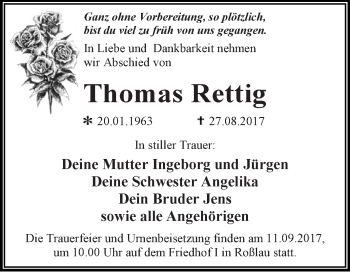 Traueranzeige von Thomas Rettig von WVG - Wochenspiegel Dessau / Köthen
