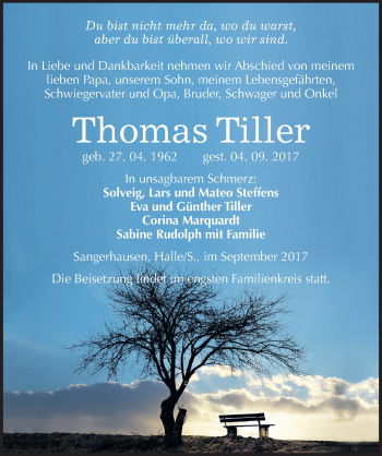 Traueranzeige von Thomas Tiller von Mitteldeutsche Zeitung Sangerhausen