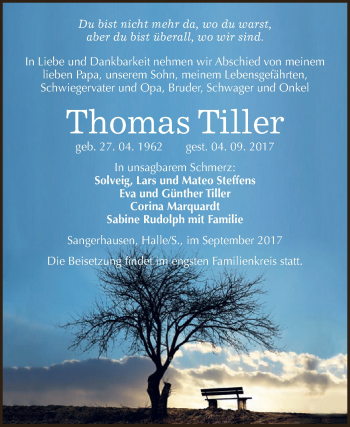 Traueranzeige von Thomas Tiller von Super Sonntag SGH Mansf. Land