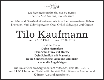 Traueranzeige von Tilo Kaufmann von Super Sonntag Wittenberg